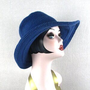 Blue Sky Wide Brim Knit Sun Hat in Deep Blue